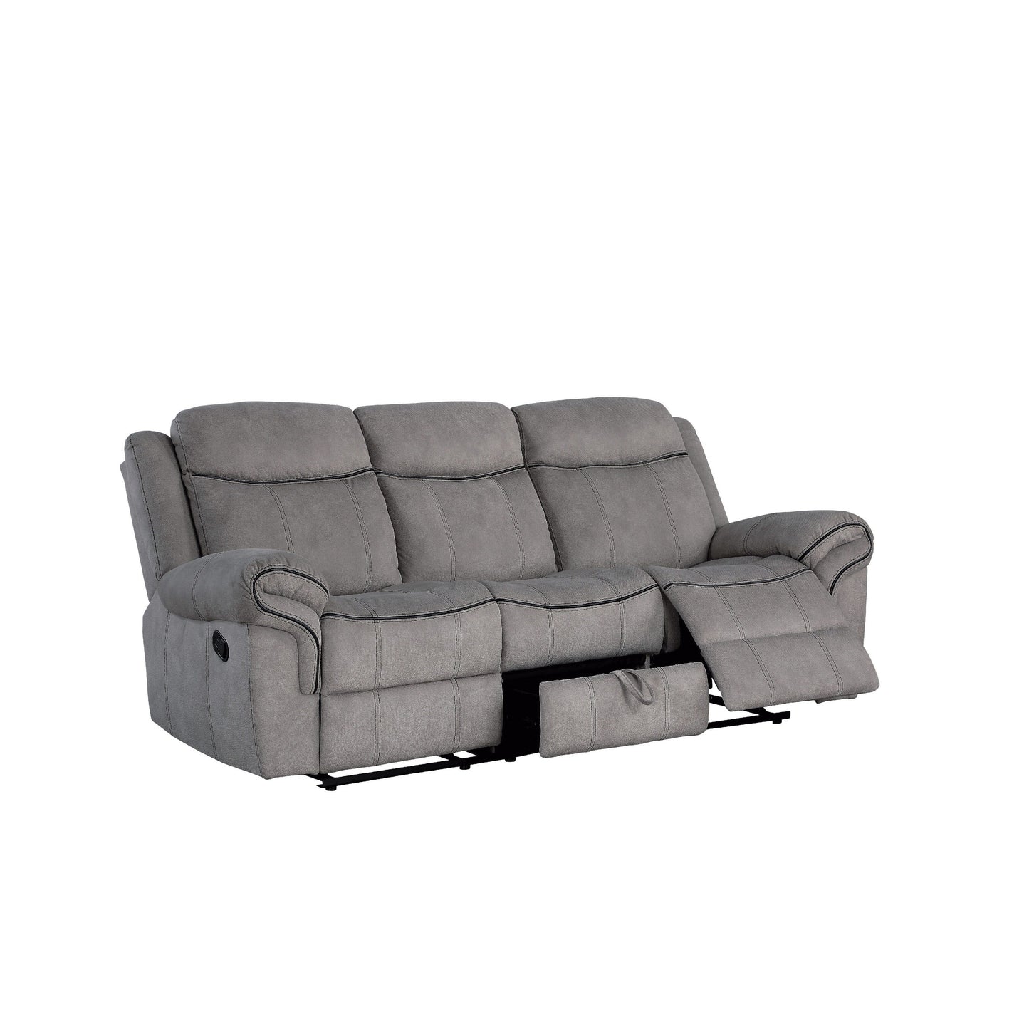 Fabric Upholstered Motion Sofa with Console and Cup Holder, Gray