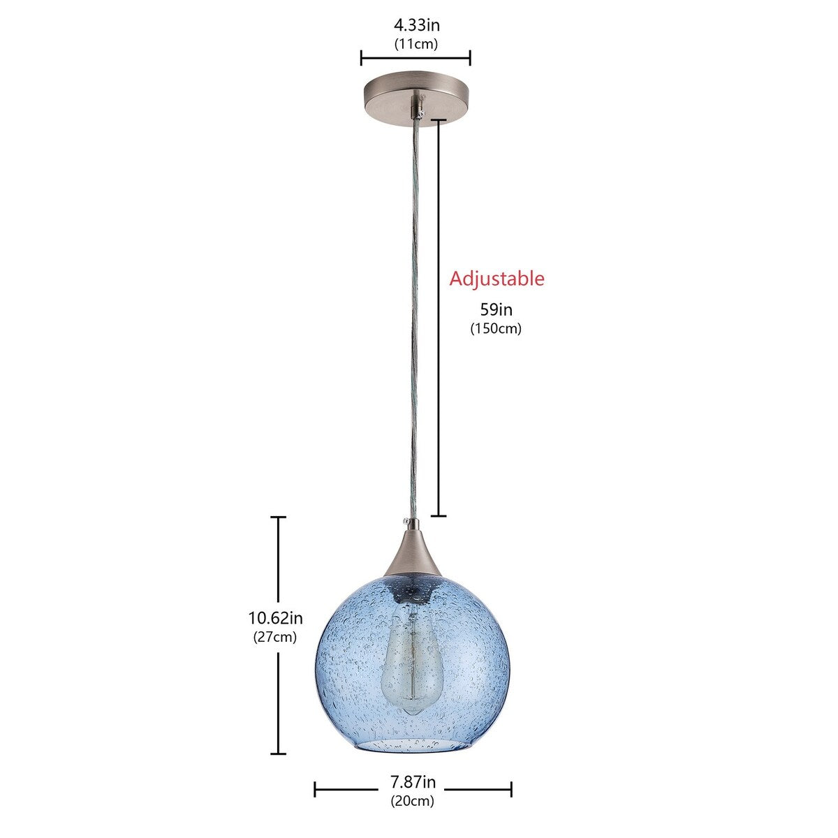 Farmhouse 1-Light Brushed Nickel Pendant Lamp with Blue Seeded Glass Shade