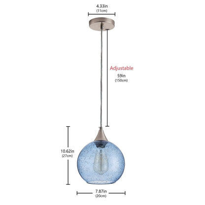 Farmhouse 1-Light Brushed Nickel Pendant Lamp with Blue Seeded Glass Shade