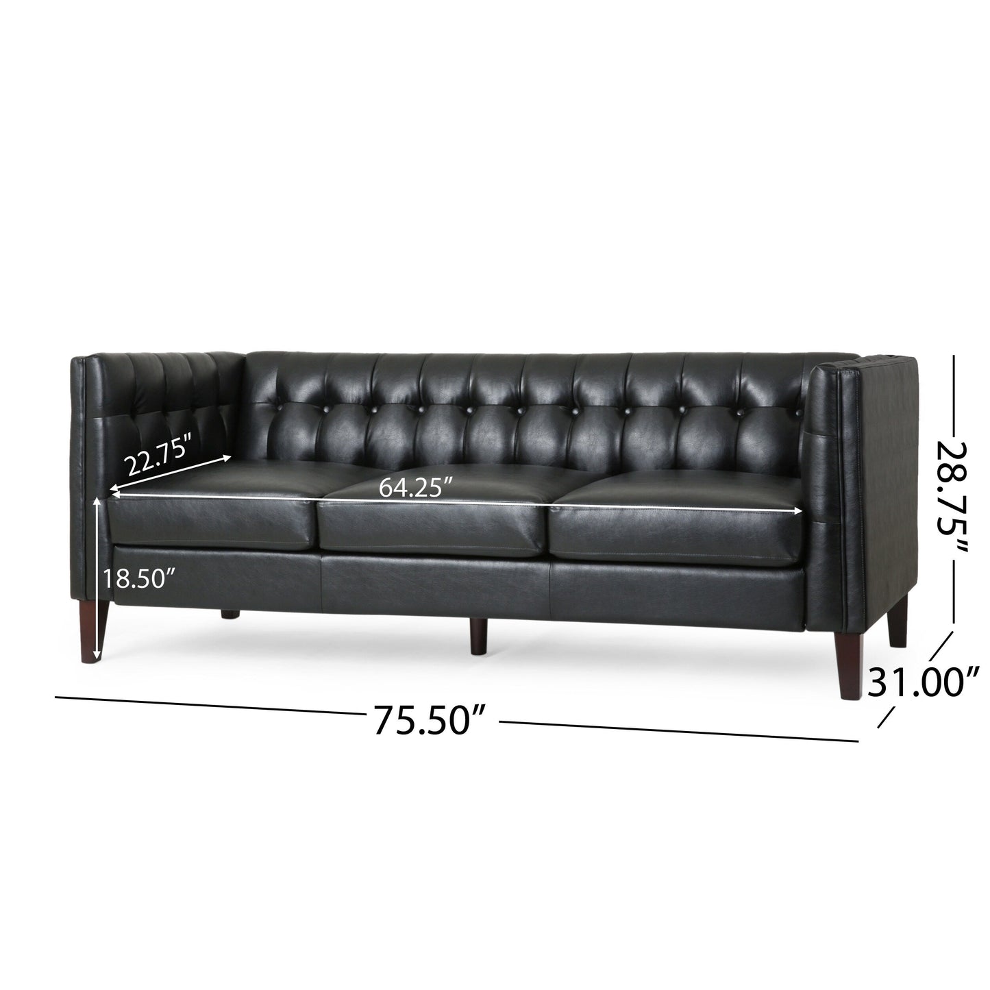 Faux Leather Button Tufted 3-seater Sofa with Birch Wood Legs