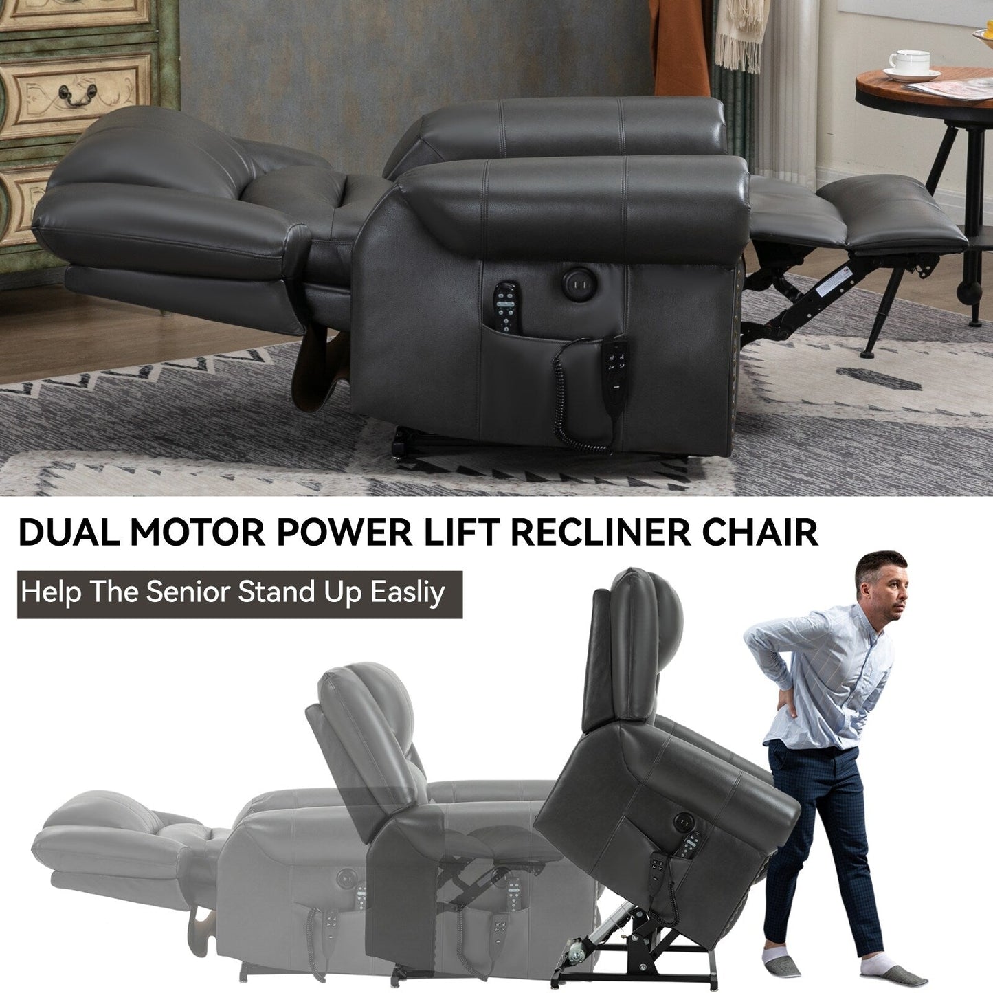 Faux Leather Dual Motor Power Lift Recliner Chair with Heat Massage, USB Ports, and Infinite Recline Positions