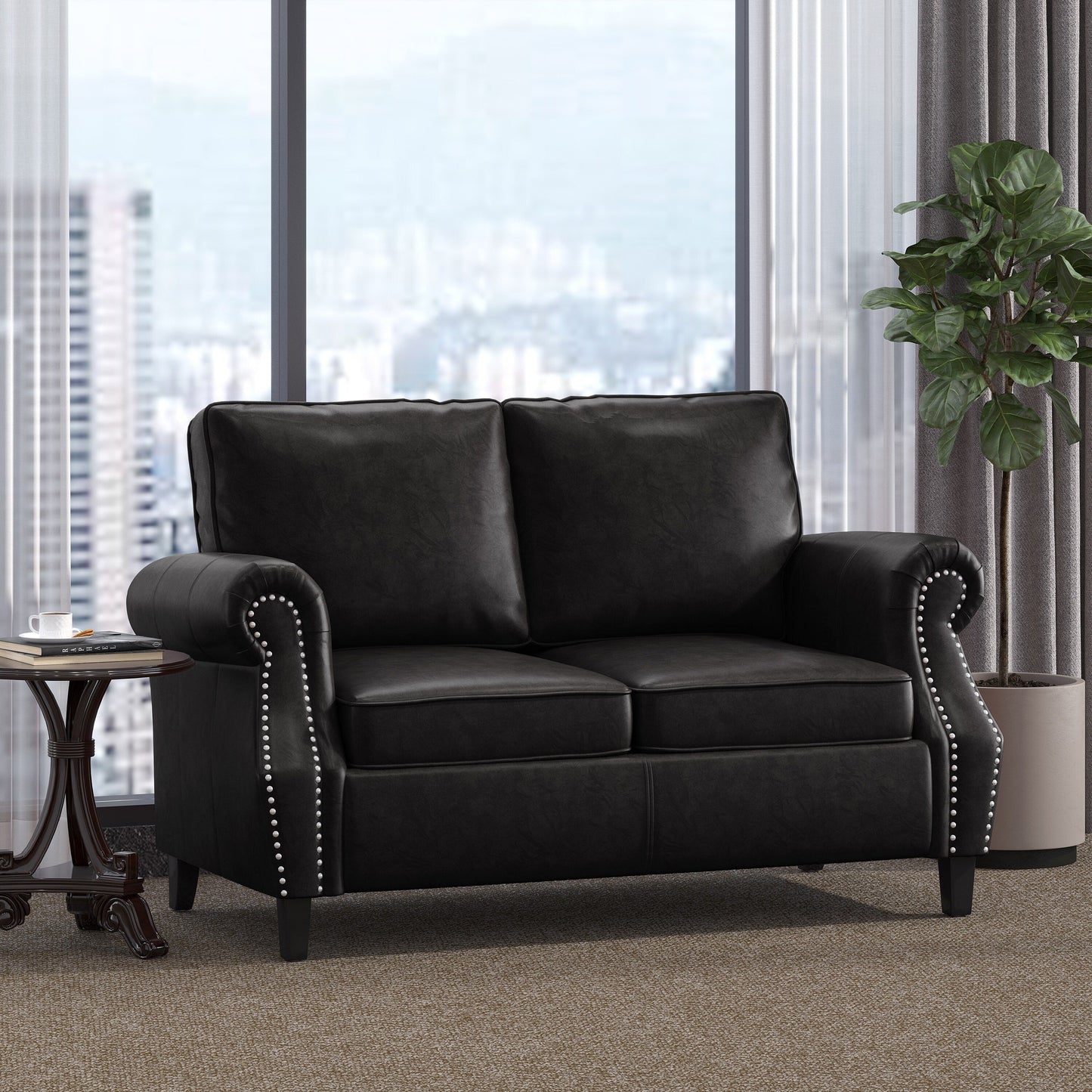 Faux Leather Loveseat Sofa with Birch Wood Legs and Nailheads
