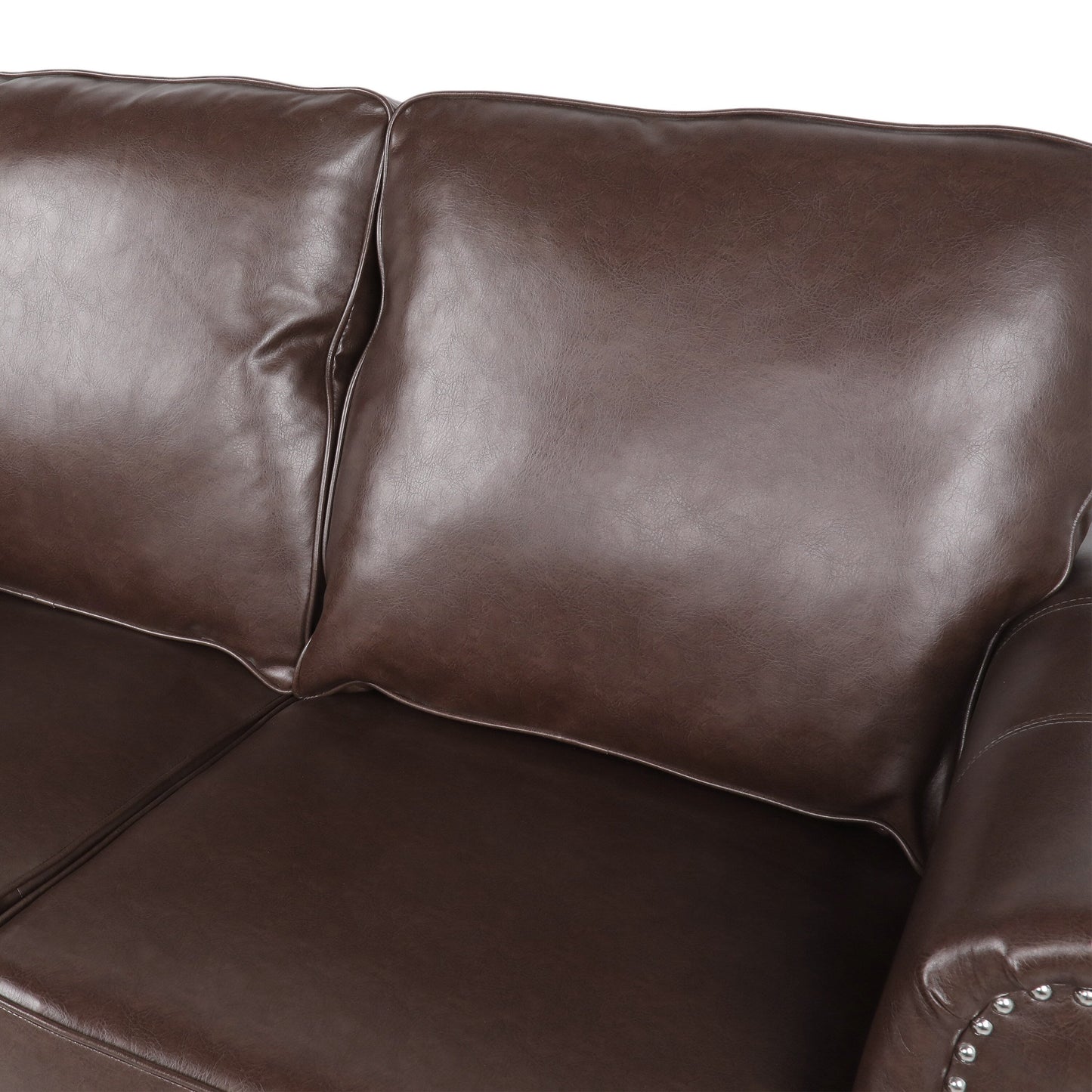Faux Leather Loveseat Sofa with Birch Wood Legs and Nailheads