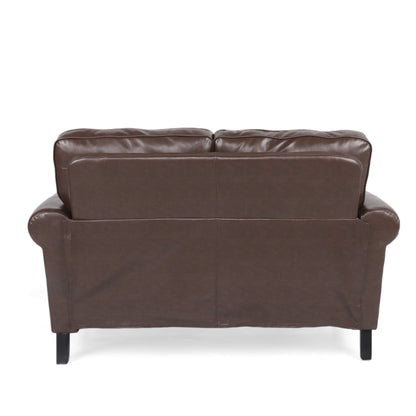Faux Leather Loveseat Sofa with Birch Wood Legs and Nailheads