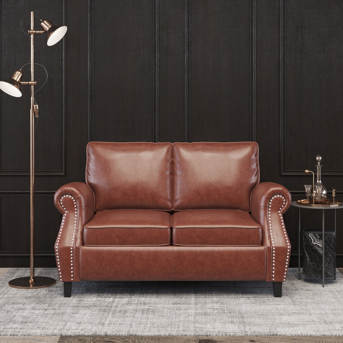 Faux Leather Loveseat Sofa with Birch Wood Legs and Nailheads