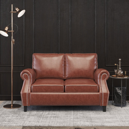 Faux Leather Loveseat Sofa with Birch Wood Legs and Nailheads