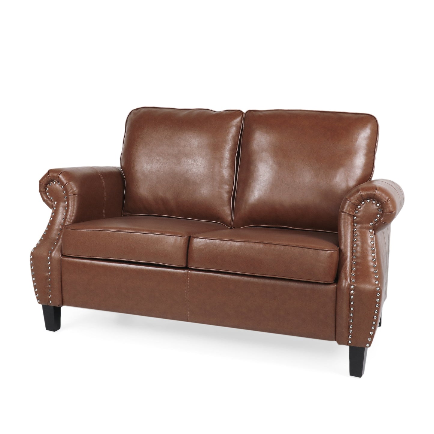 Faux Leather Loveseat Sofa with Birch Wood Legs and Nailheads
