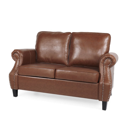 Faux Leather Loveseat Sofa with Birch Wood Legs and Nailheads