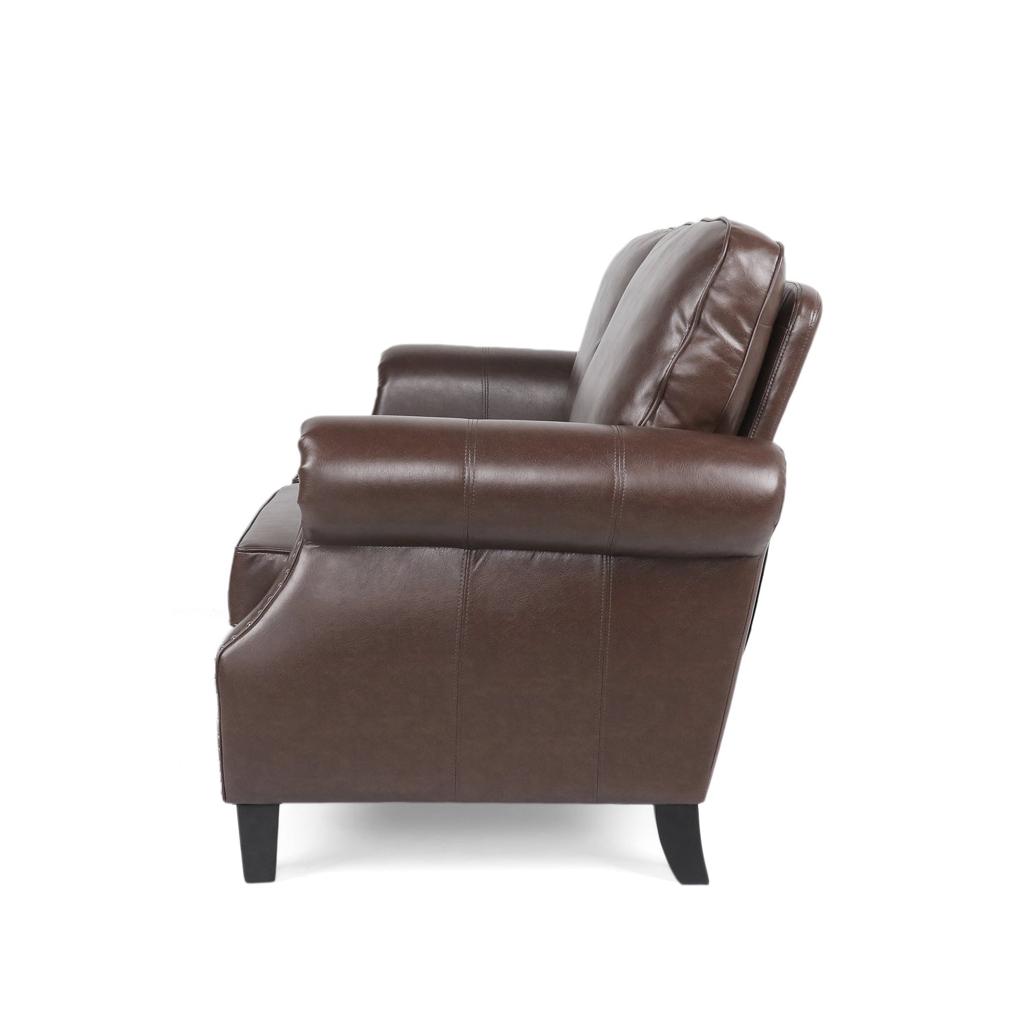 Faux Leather Loveseat Sofa with Birch Wood Legs and Nailheads