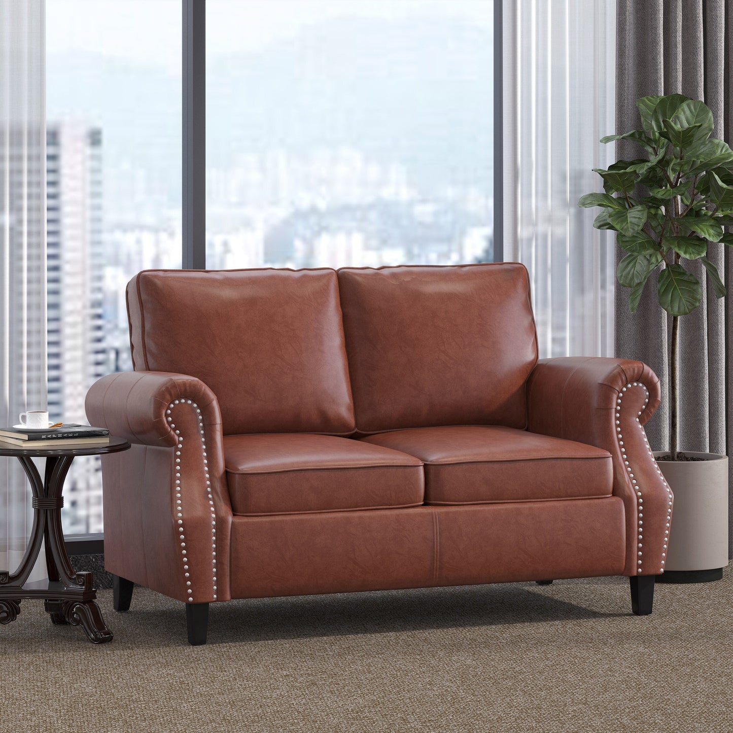 Faux Leather Loveseat Sofa with Birch Wood Legs and Nailheads