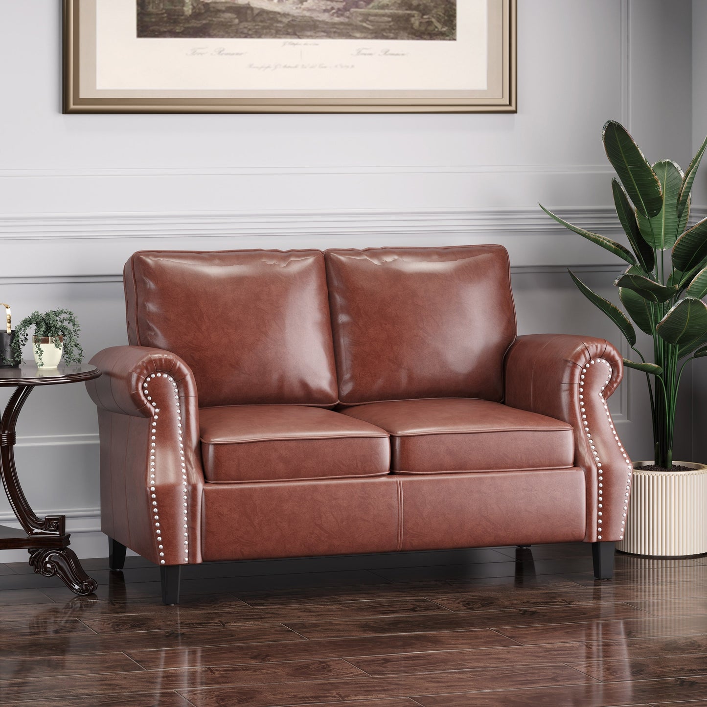 Faux Leather Loveseat Sofa with Birch Wood Legs and Nailheads