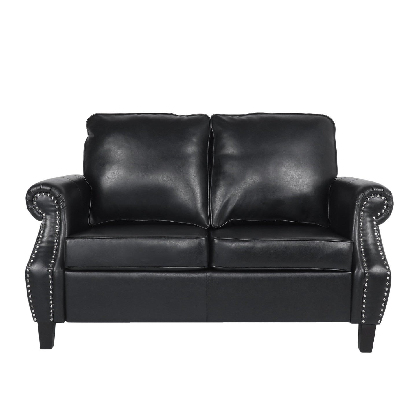 Faux Leather Loveseat Sofa with Birch Wood Legs and Nailheads