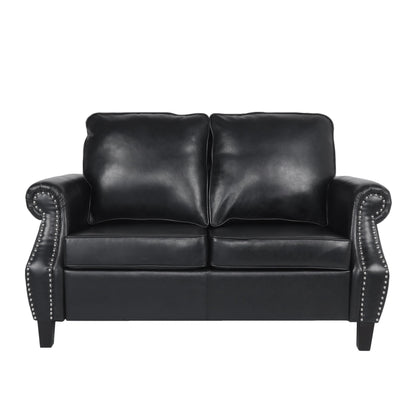 Faux Leather Loveseat Sofa with Birch Wood Legs and Nailheads