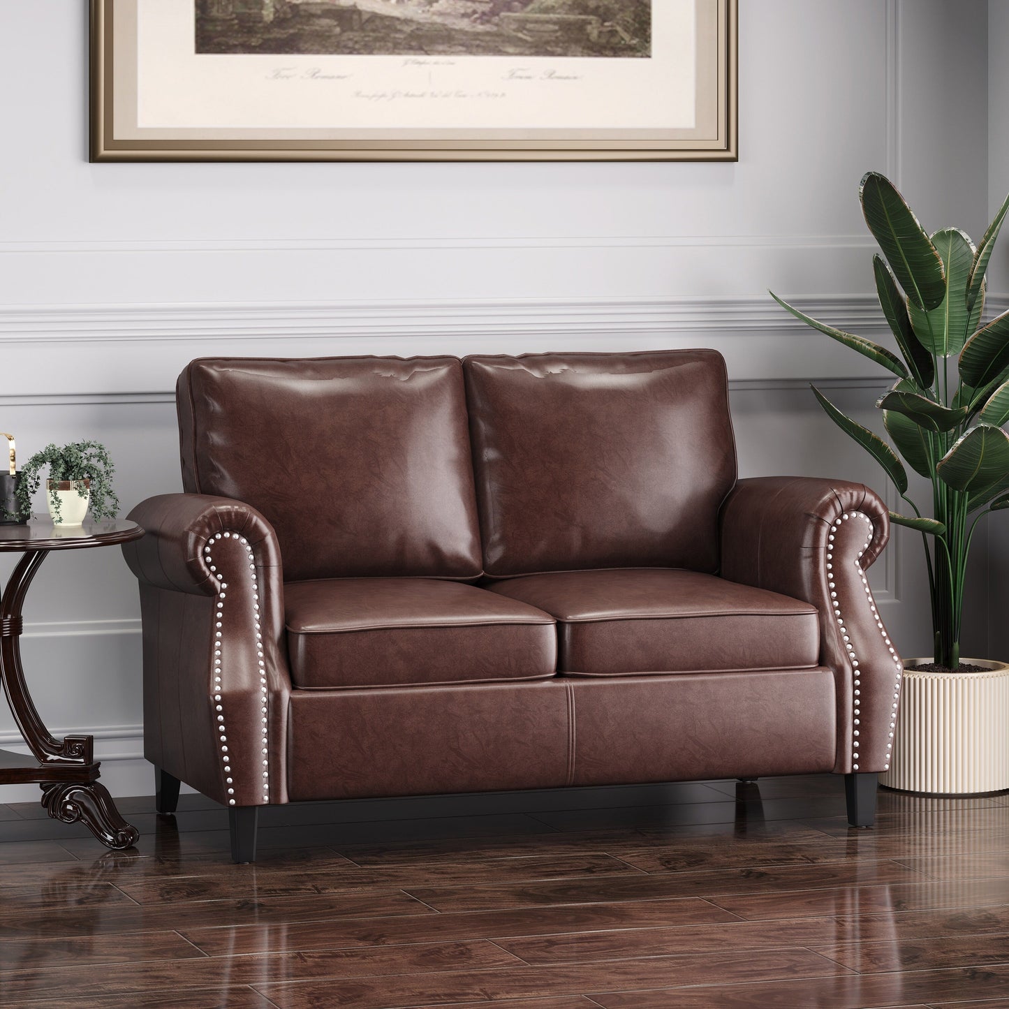 Faux Leather Loveseat Sofa with Birch Wood Legs and Nailheads