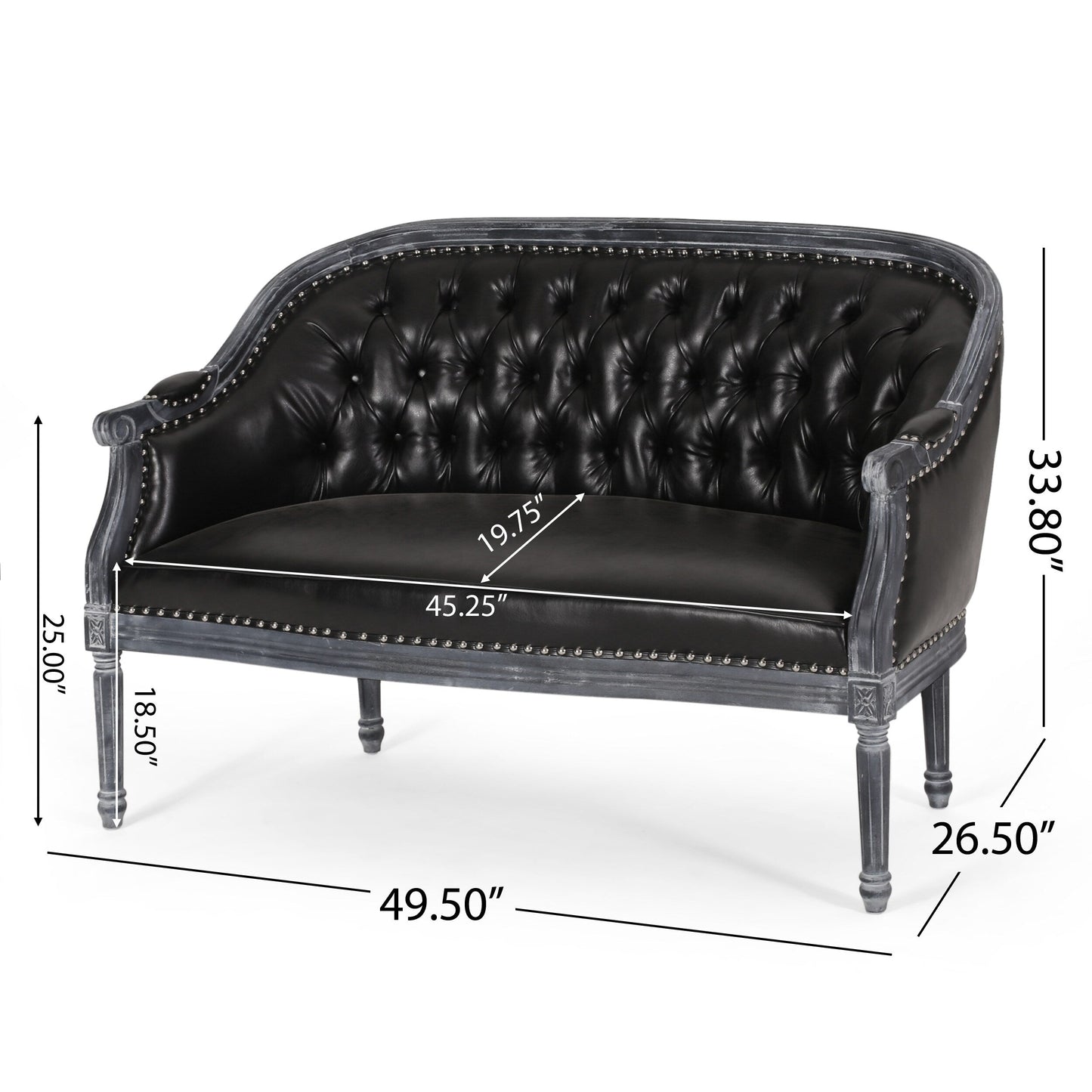 Faux Leather Loveseat Sofa with Turned Legs and Nailheads