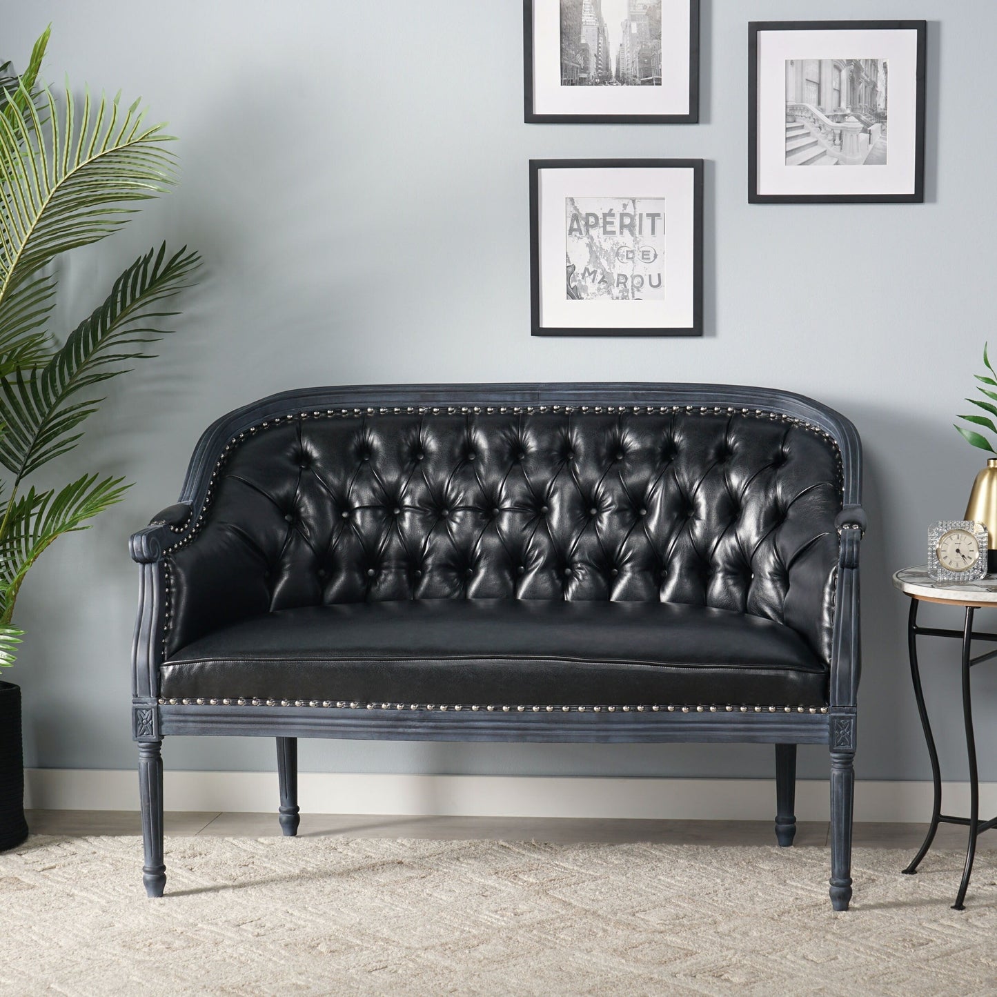 Faux Leather Loveseat Sofa with Turned Legs and Nailheads
