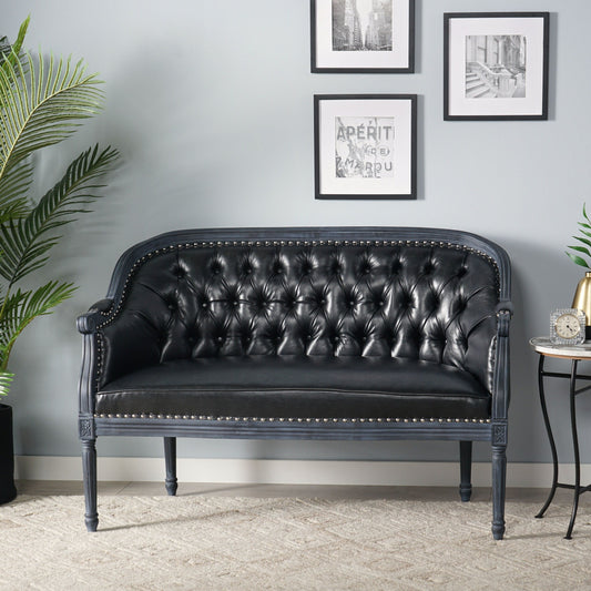 Faux Leather Loveseat Sofa with Turned Legs and Nailheads