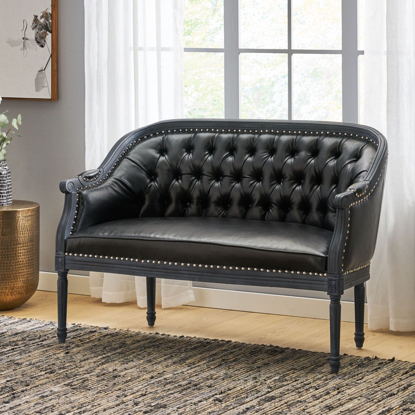 Faux Leather Loveseat Sofa with Turned Legs and Nailheads