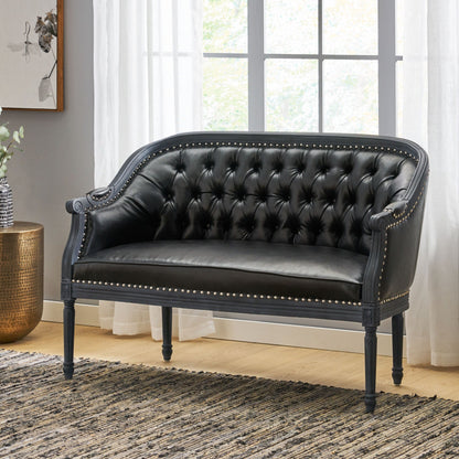 Faux Leather Loveseat Sofa with Turned Legs and Nailheads