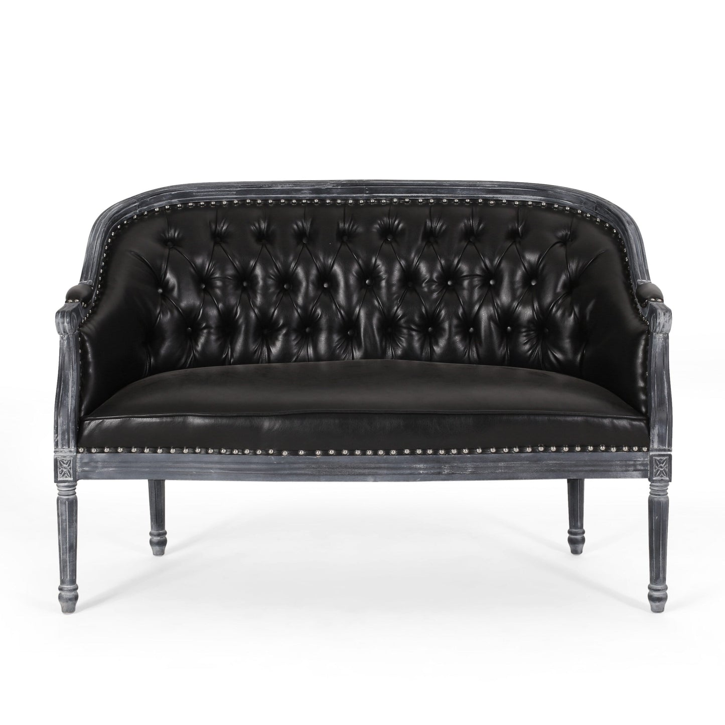 Faux Leather Loveseat Sofa with Turned Legs and Nailheads