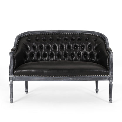 Faux Leather Loveseat Sofa with Turned Legs and Nailheads