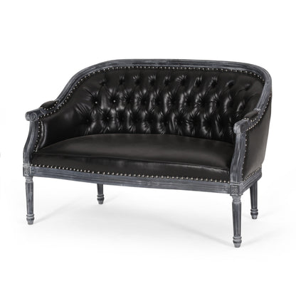Faux Leather Loveseat Sofa with Turned Legs and Nailheads