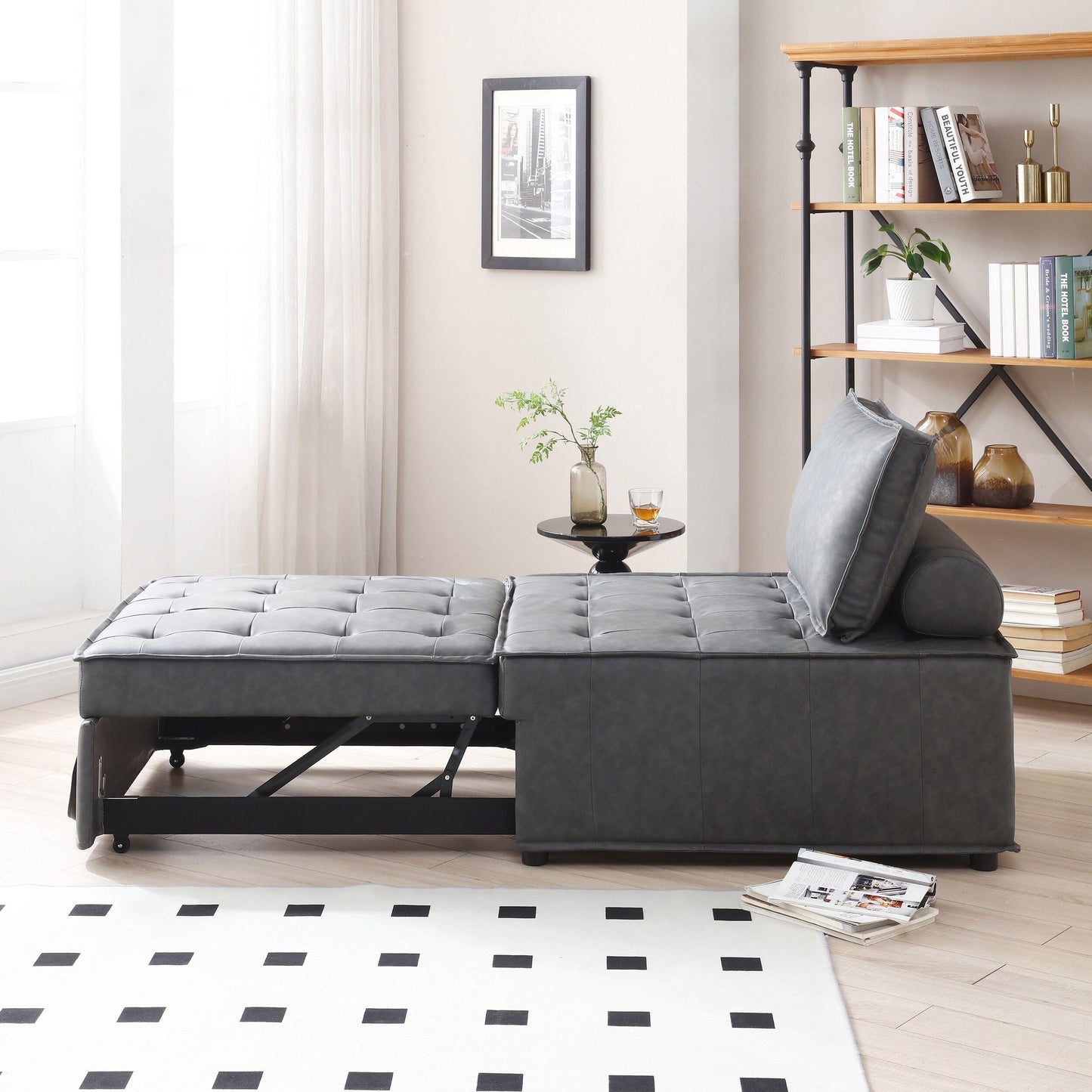 Faux Leather Ottoman Pull Out Sofa Bed with Adjustable Backrest