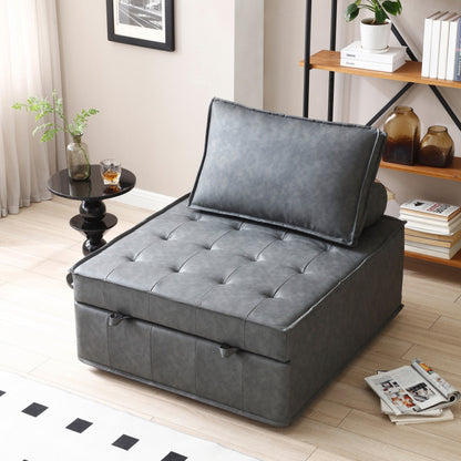 Faux Leather Ottoman Pull Out Sofa Bed with Adjustable Backrest