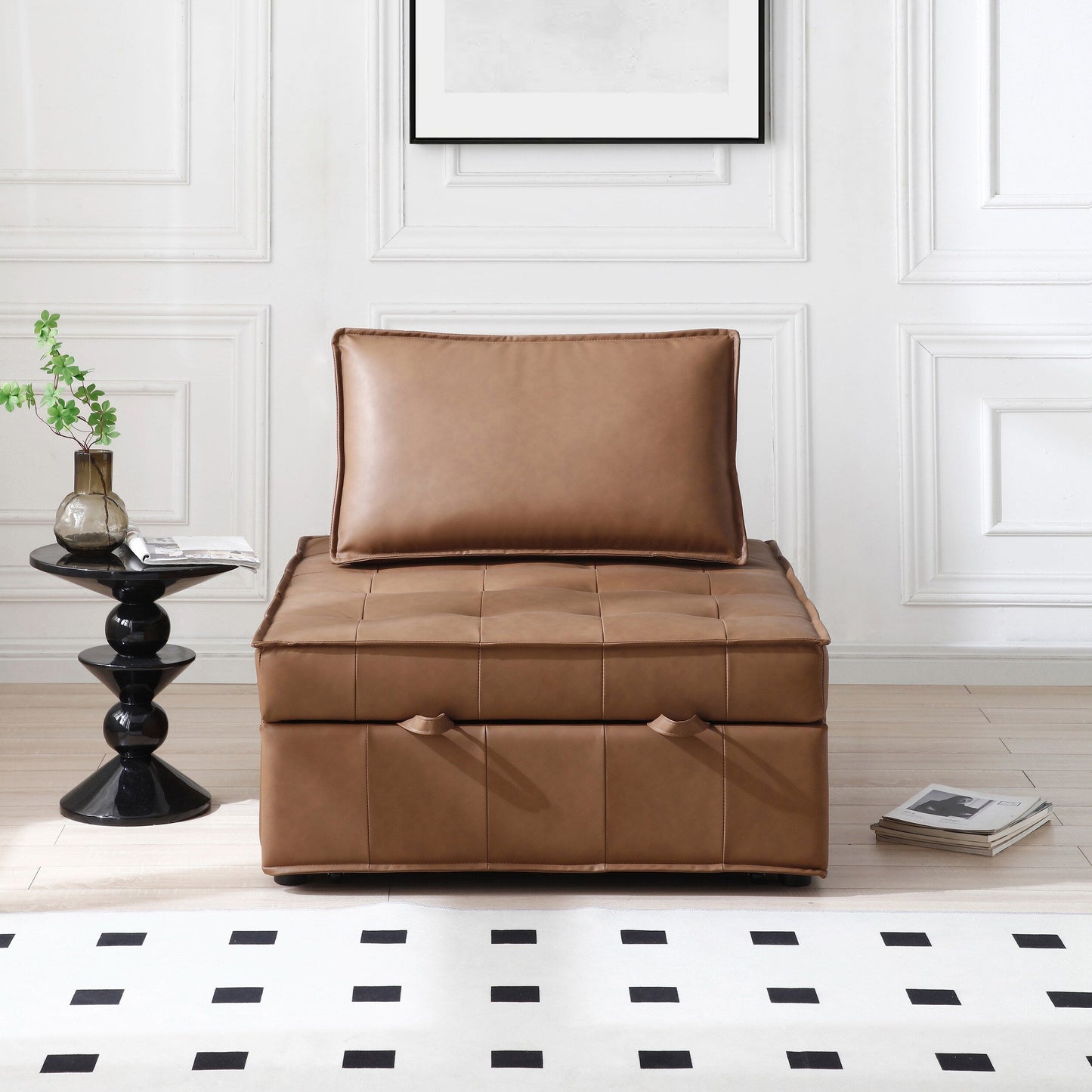 Faux Leather Ottoman Pull Out Sofa Bed with Adjustable Backrest