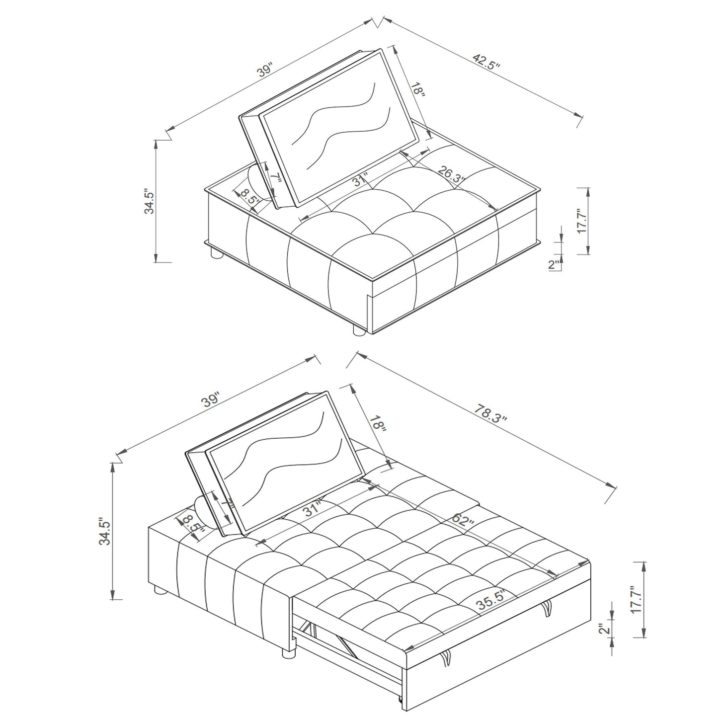 Faux Leather Ottoman Pull Out Sofa Bed with Adjustable Backrest
