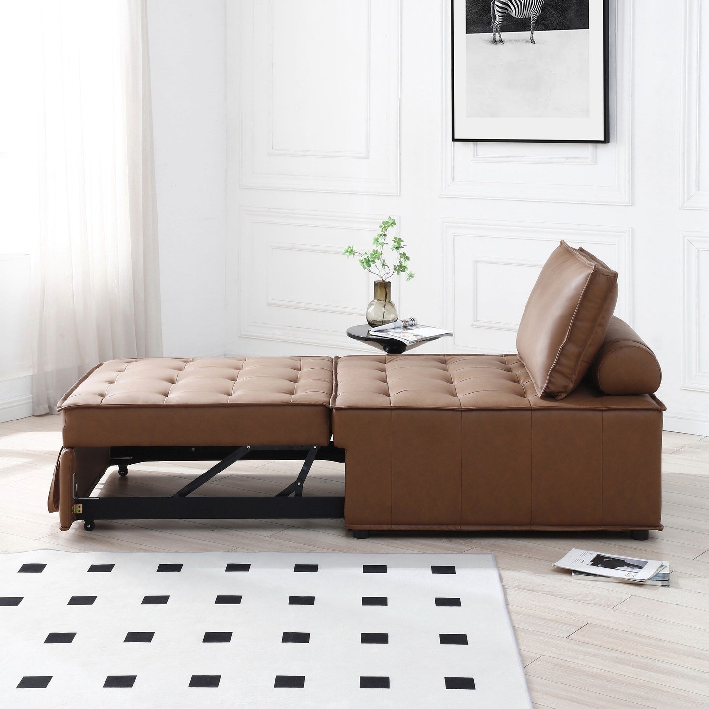 Faux Leather Ottoman Pull Out Sofa Bed with Adjustable Backrest