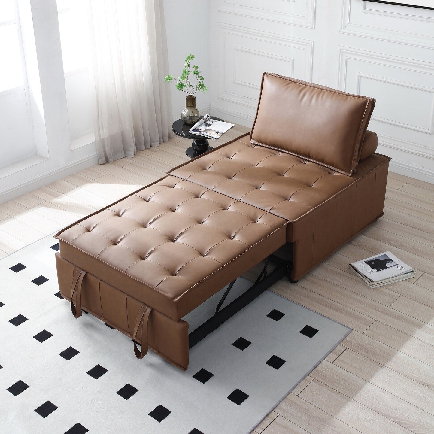 Faux Leather Ottoman Pull Out Sofa Bed with Adjustable Backrest