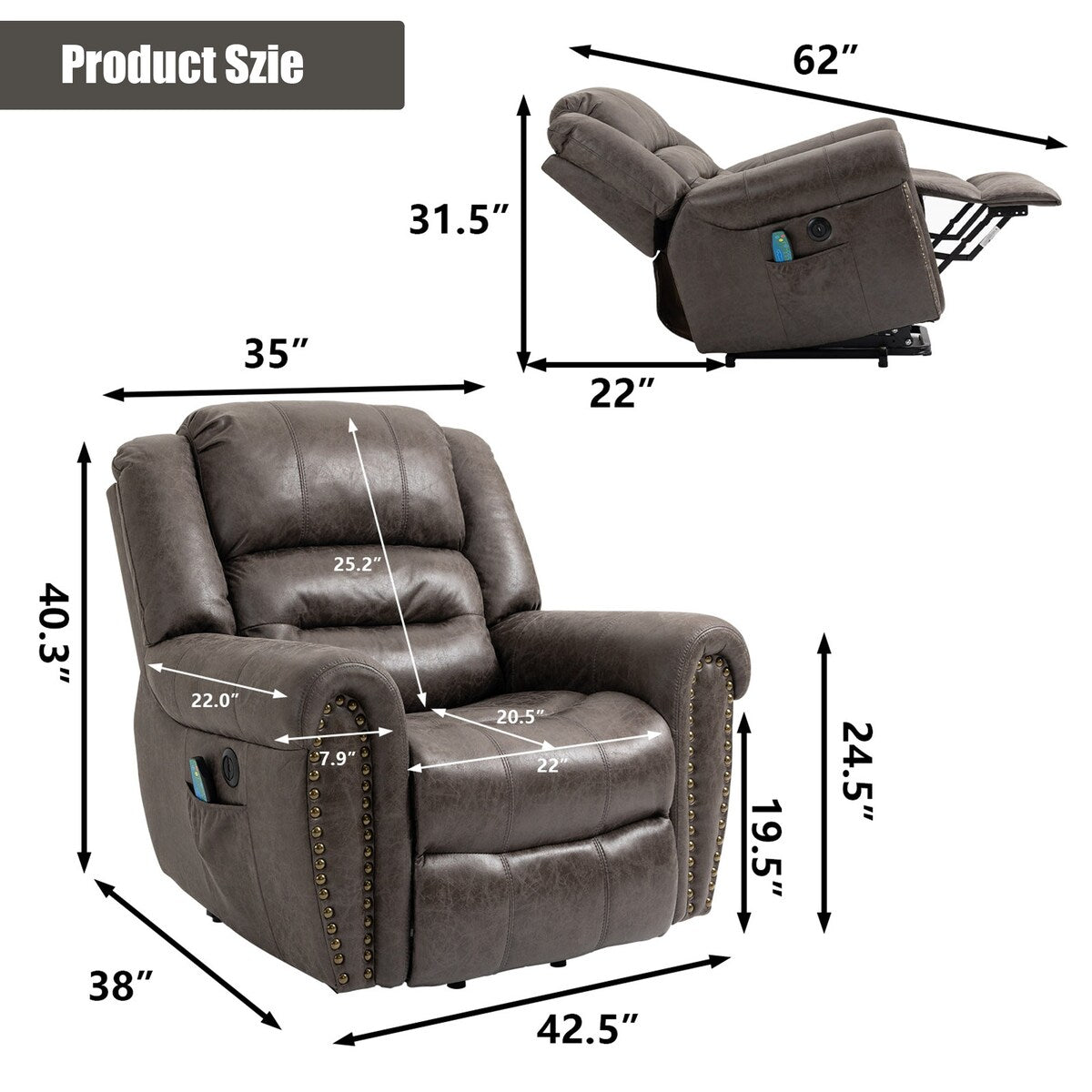Faux Leather Oversized Power Lift Recliner Remote, Massage Heating