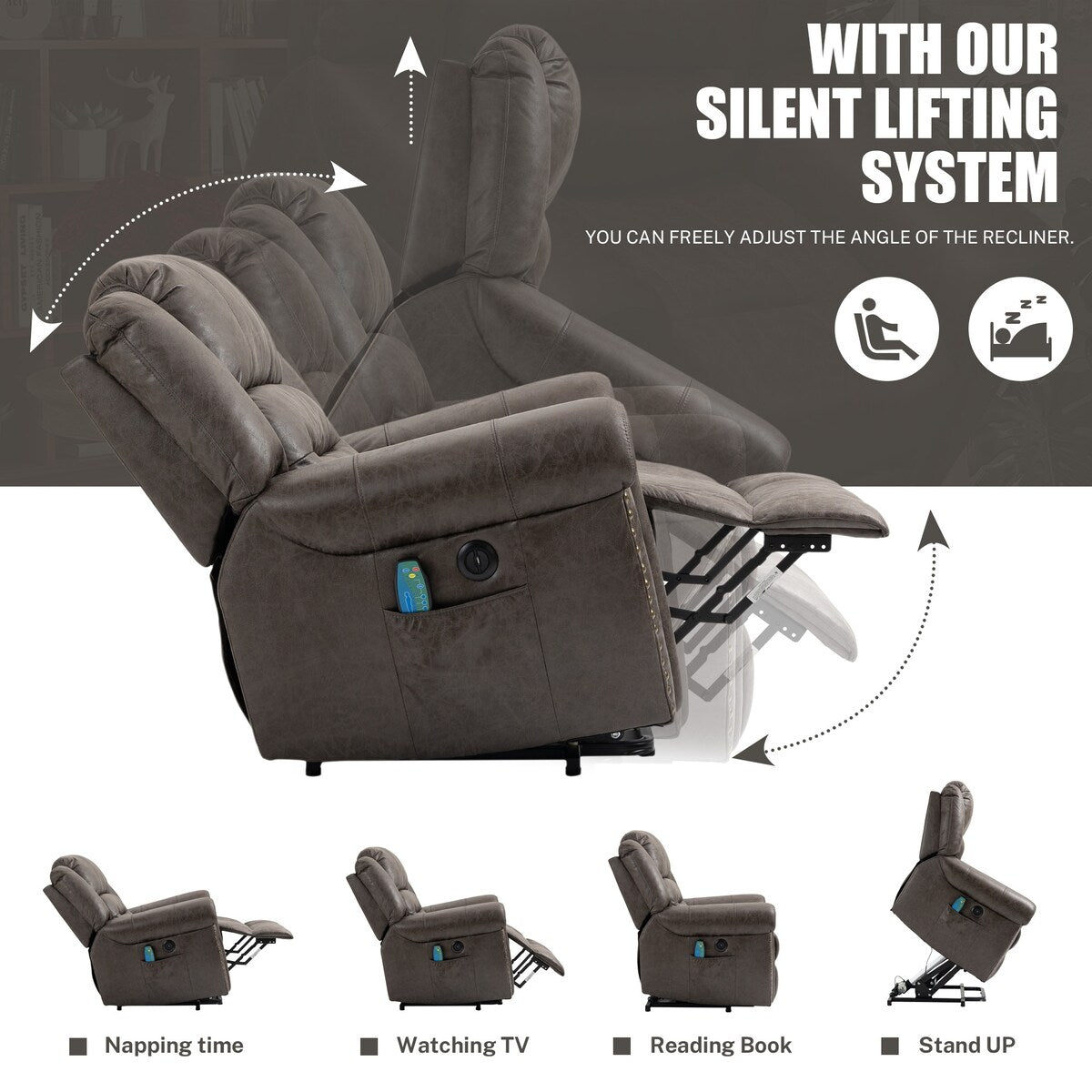 Faux Leather Oversized Power Lift Recliner Remote, Massage Heating