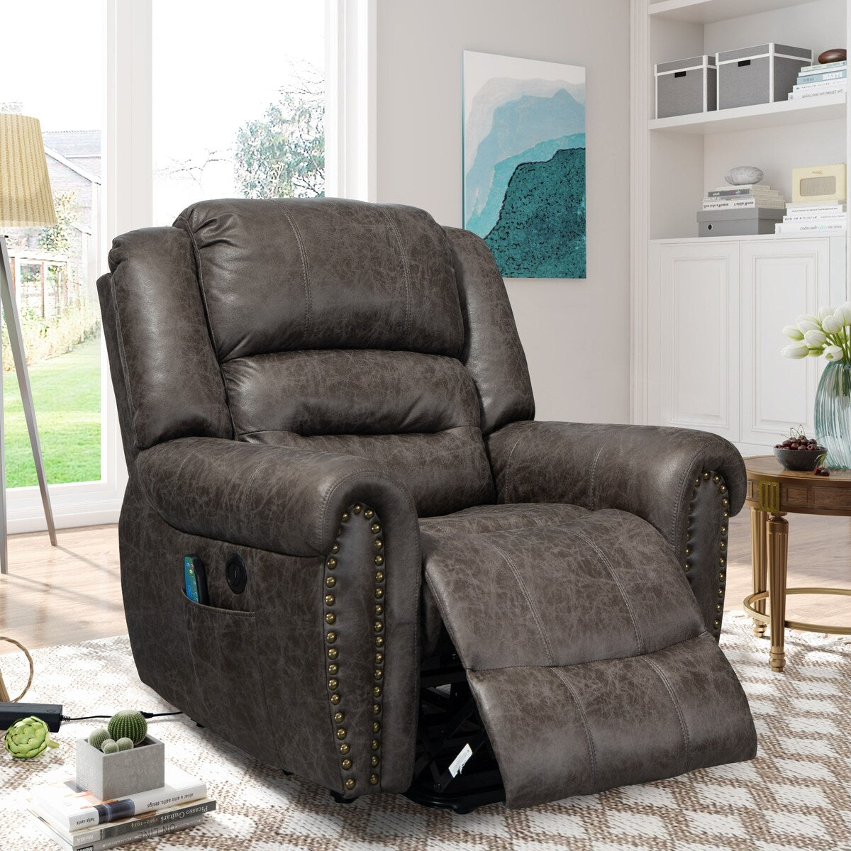 Faux Leather Oversized Power Lift Recliner Remote, Massage Heating