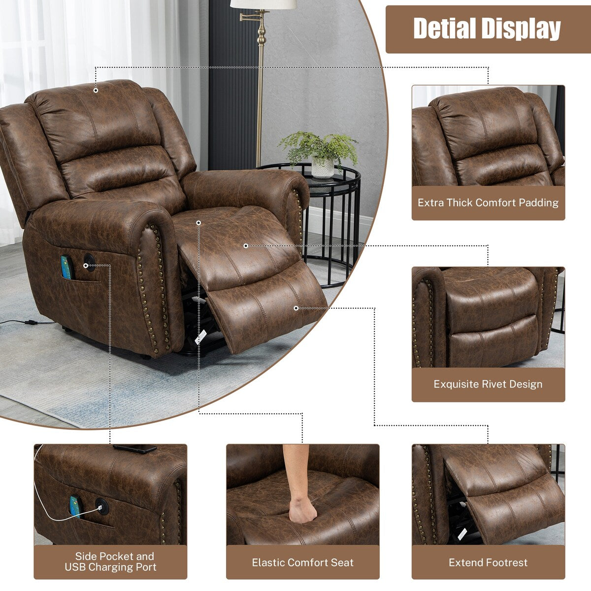 Faux Leather Oversized Power Lift Recliner Remote, Massage Heating