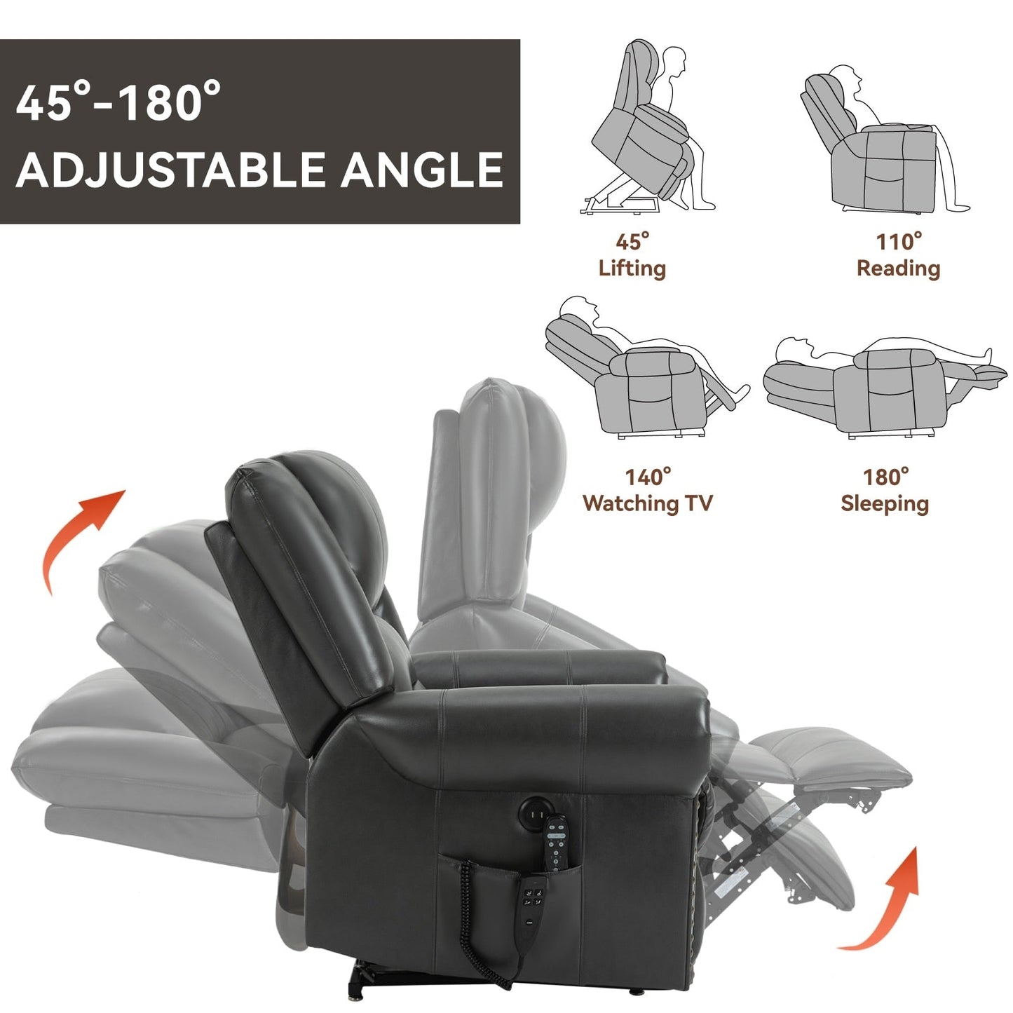 Faux Leather Power Lift Recliner Chair with Dual Motor, Heat Massage, USB Ports, and Infinite Recline for Elderly