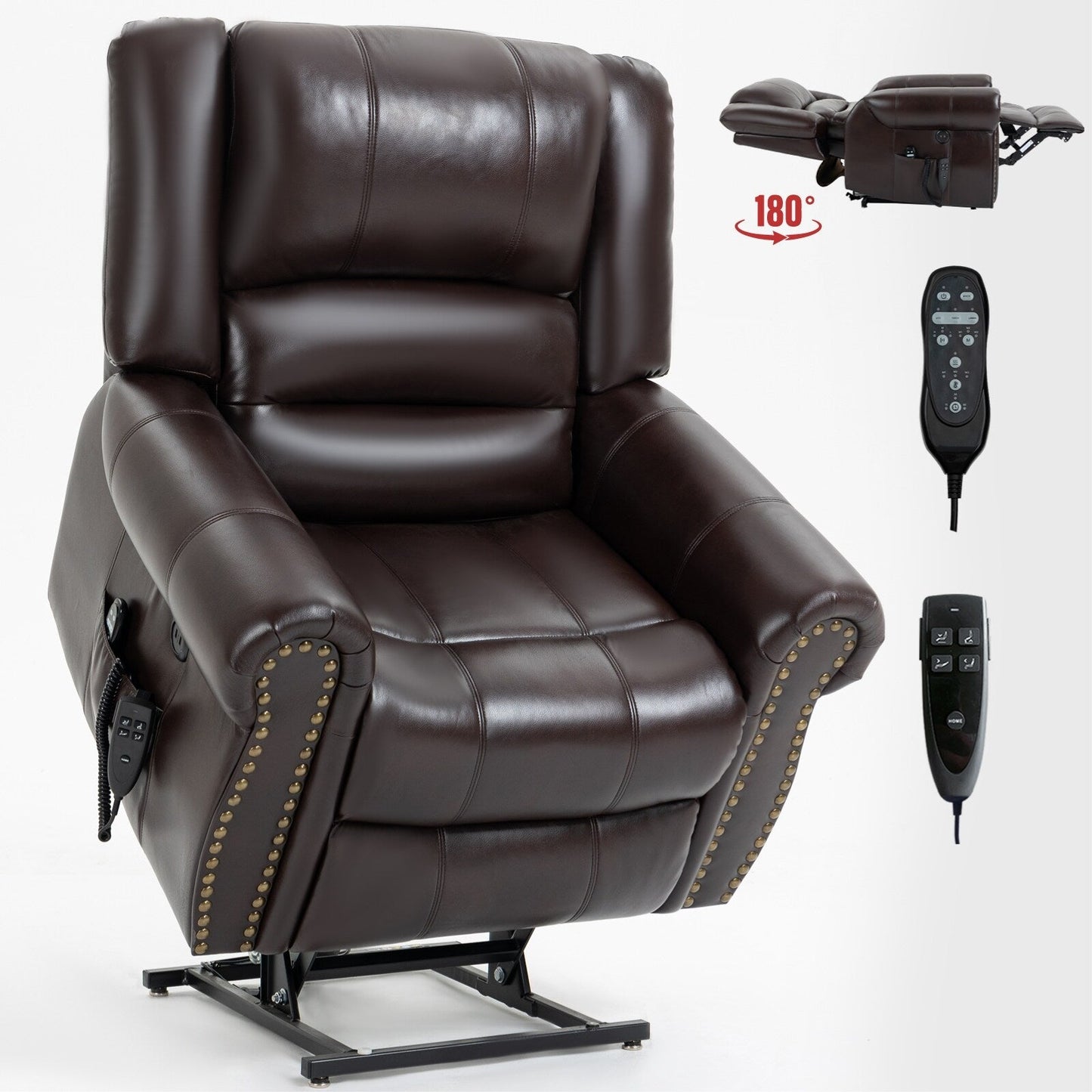 Faux Leather Power Lift Recliner Chair with Dual Motor, Heat Massage, USB Ports, and Infinite Recline for Elderly