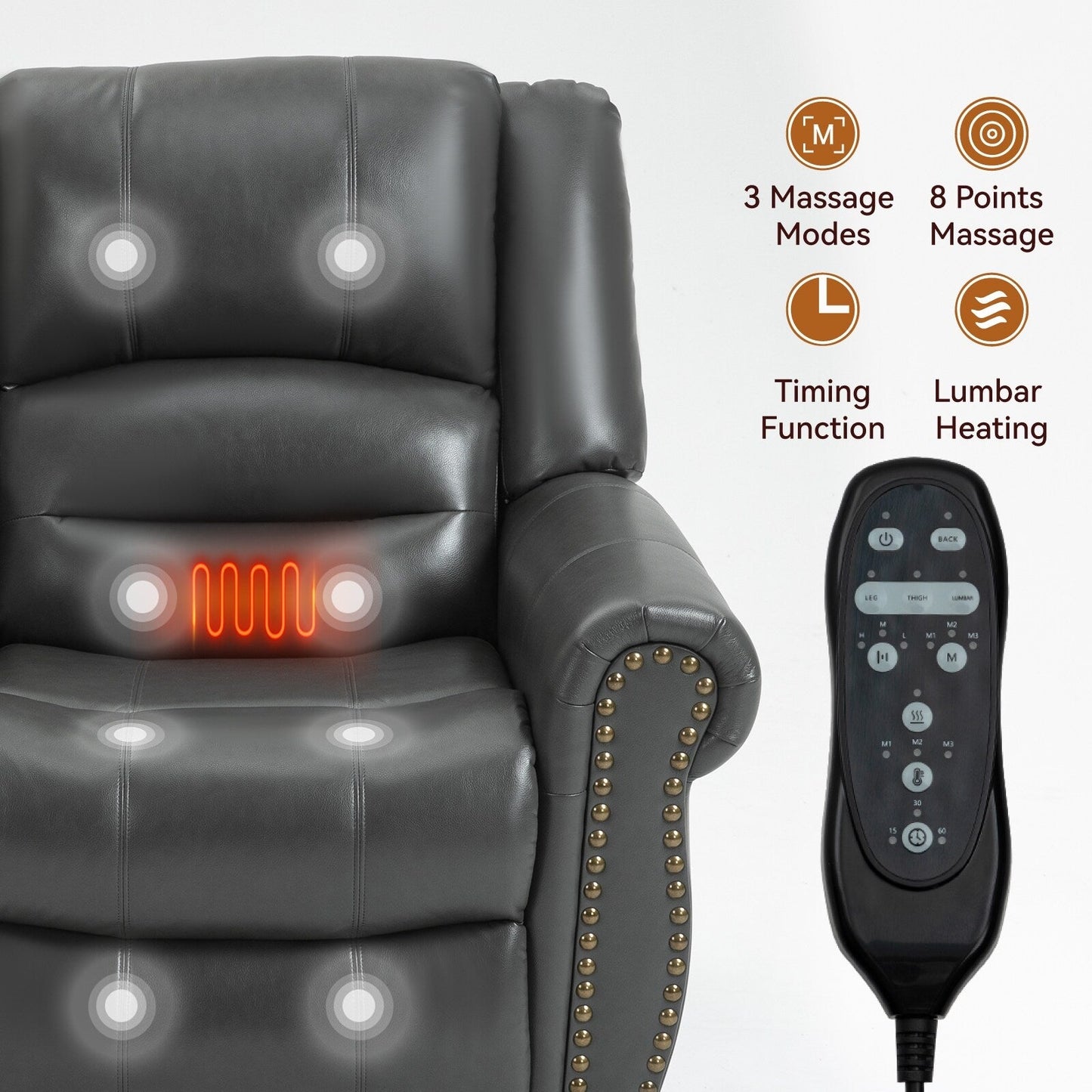 Faux Leather Power Lift Recliner Chair with Dual Motor, Heat Massage, USB Ports, and Infinite Recline for Elderly