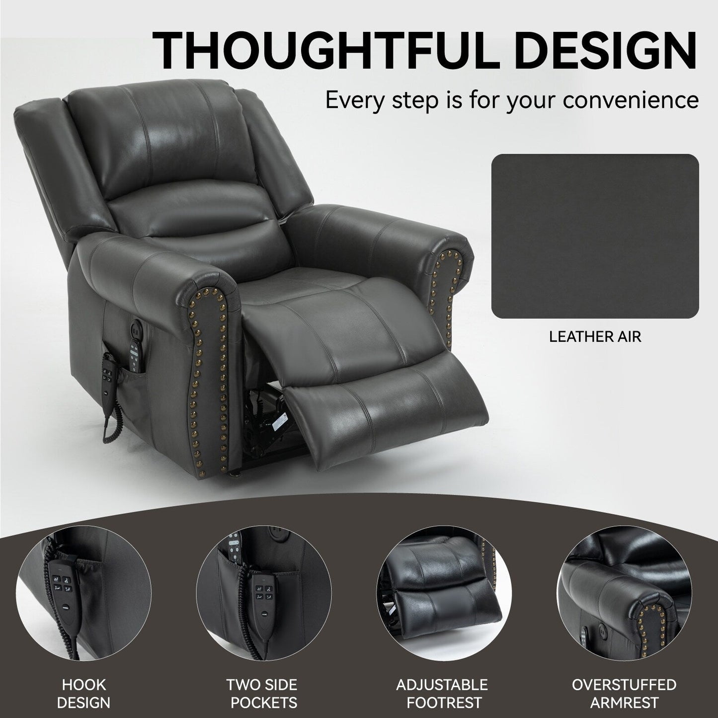 Faux Leather Power Lift Recliner Chair with Dual Motor, Heat Massage, USB Ports, and Infinite Recline for Elderly