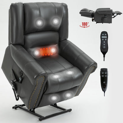 Faux Leather Power Lift Recliner Chair with Dual Motor, Heat Massage, USB Ports, and Infinite Recline for Elderly