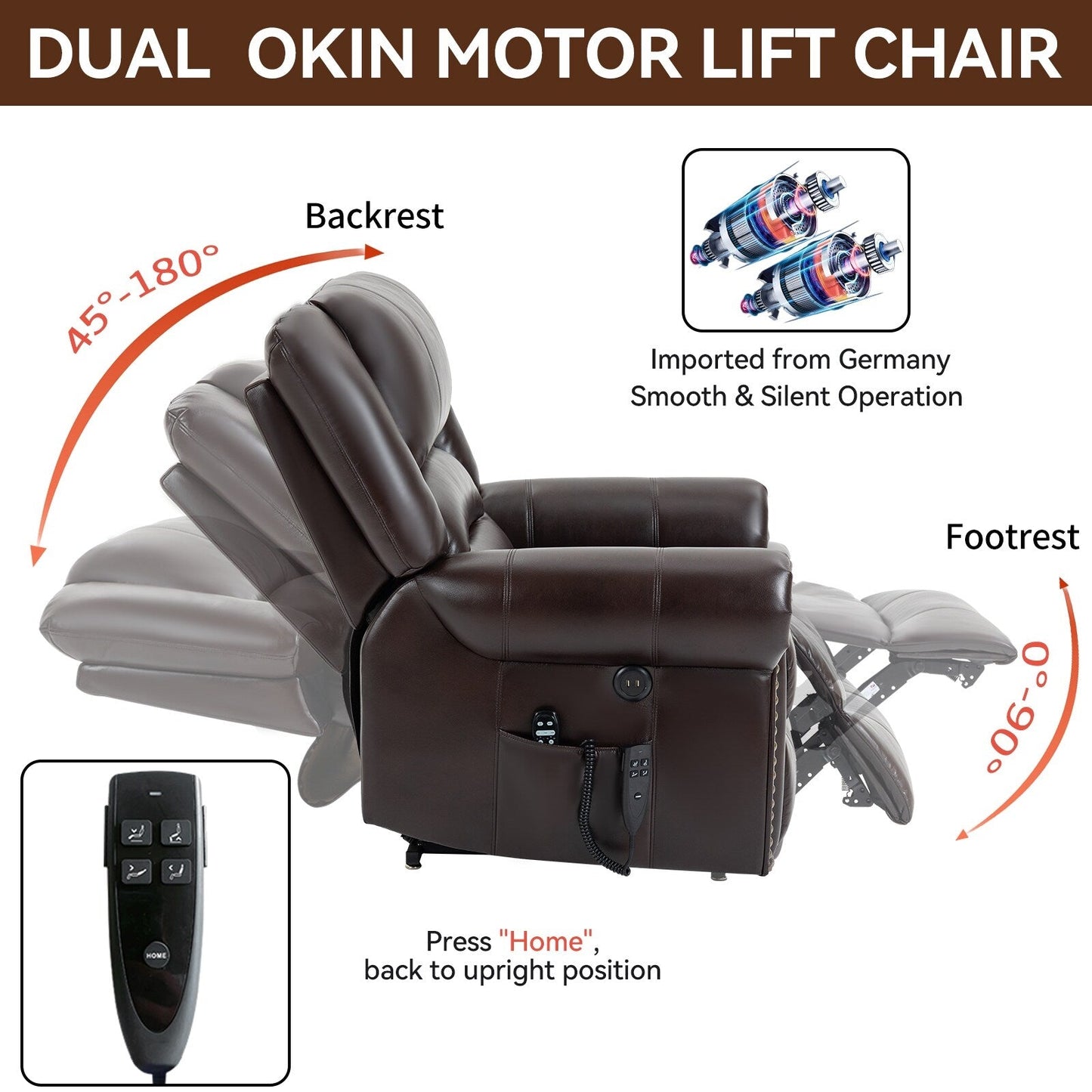 Faux Leather Power Lift Recliner Chair with Dual Motor, Heat Massage, USB Ports, and Infinite Recline for Elderly