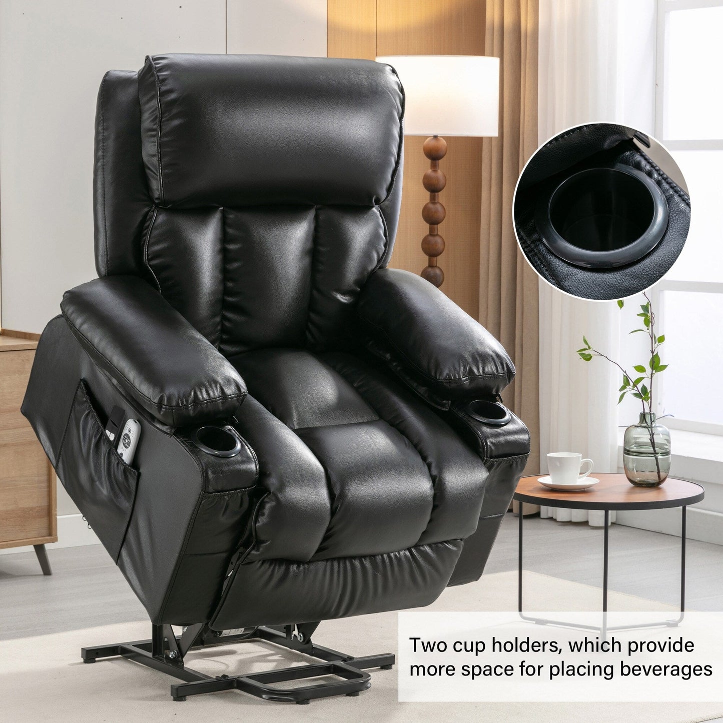 Faux Leather Power Lift Recliner Chair with Heating and Vibration Functions, Lounge Chair with USB Port and Foot Pedal