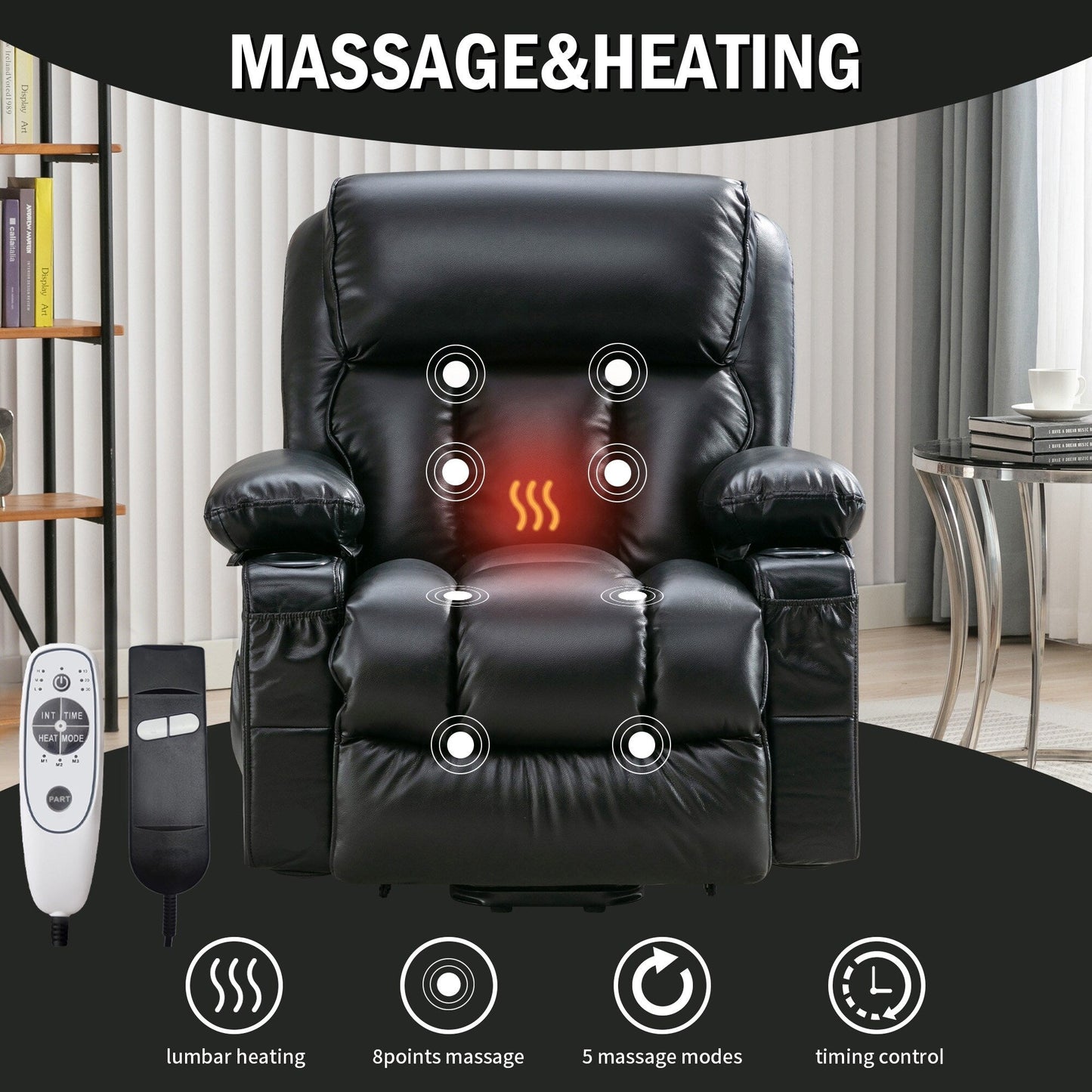 Faux Leather Power Lift Recliner Chair with Heating and Vibration Functions, Lounge Chair with USB Port and Foot Pedal