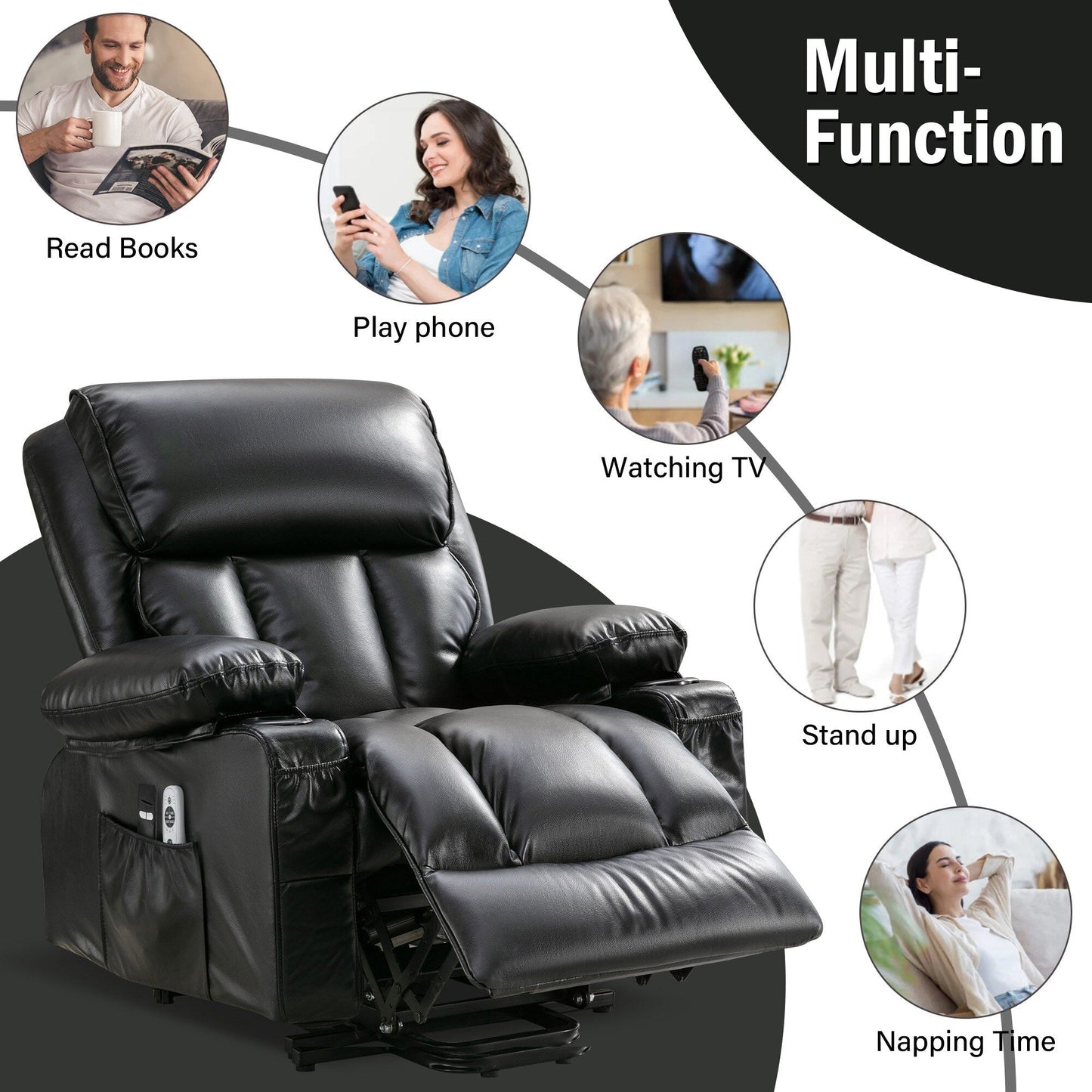 Faux Leather Power Lift Recliner Chair with Heating and Vibration Functions, Lounge Chair with USB Port and Foot Pedal