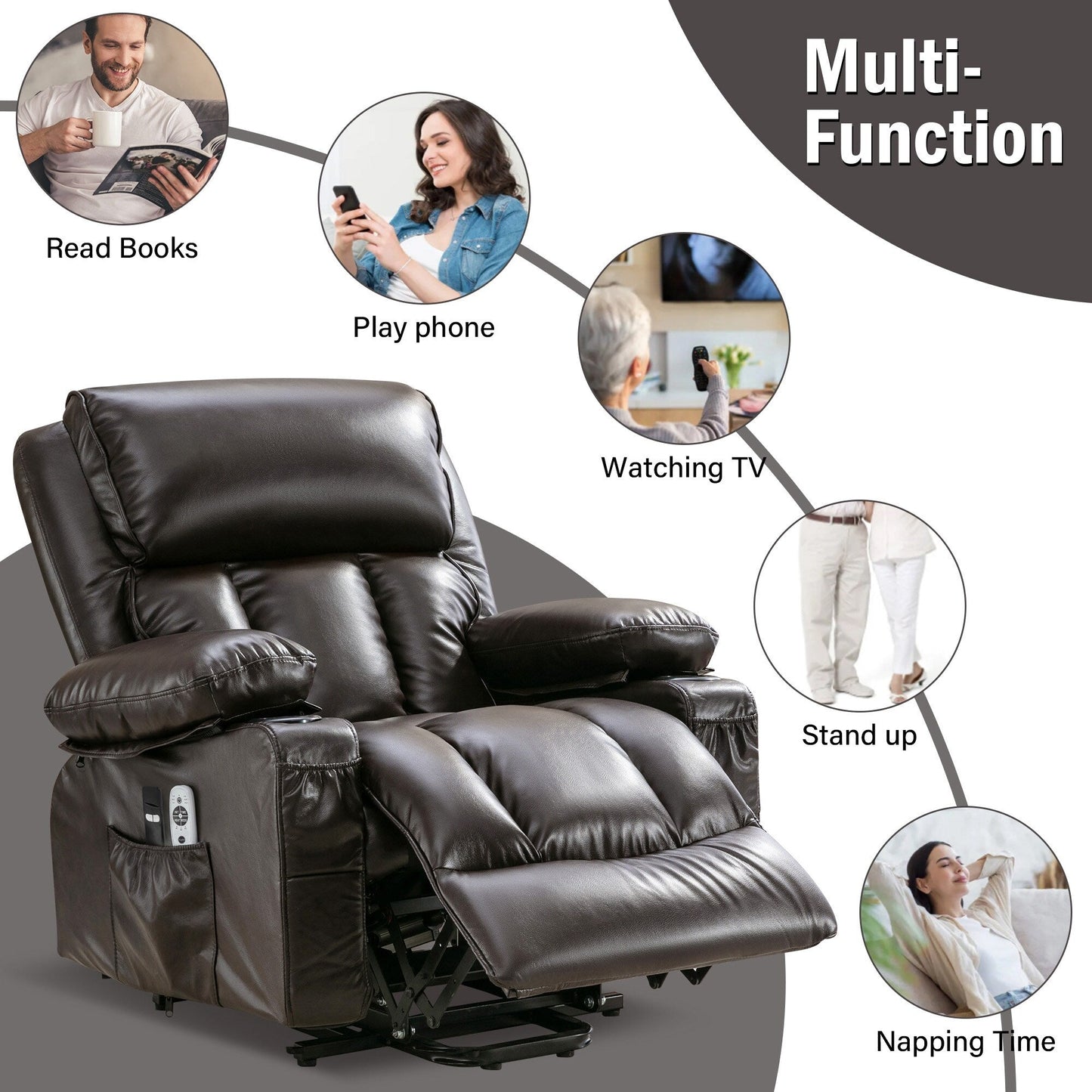 Faux Leather Power Lift Recliner Chair with Heating and Vibration Functions, Lounge Chair with USB Port and Foot Pedal