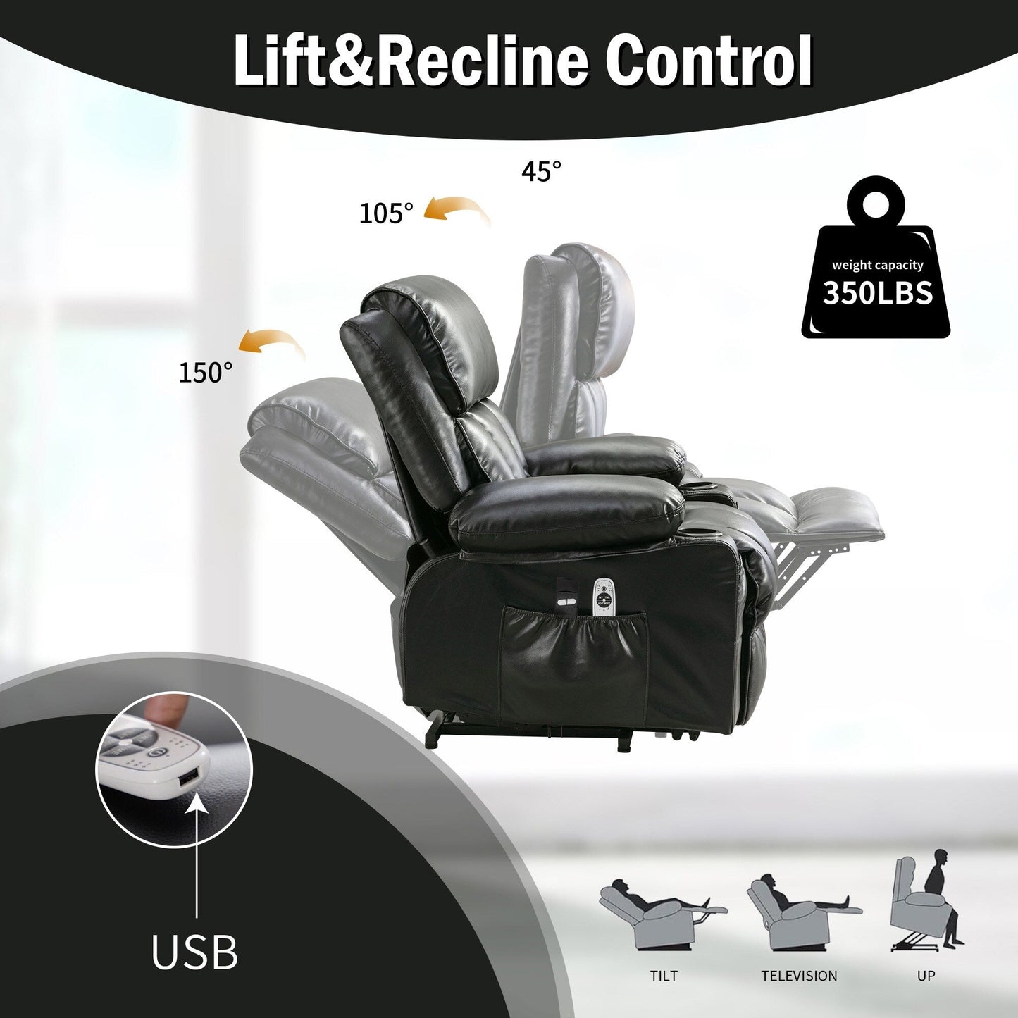 Faux Leather Power Lift Recliner Chair with Heating and Vibration Functions, Lounge Chair with USB Port and Foot Pedal