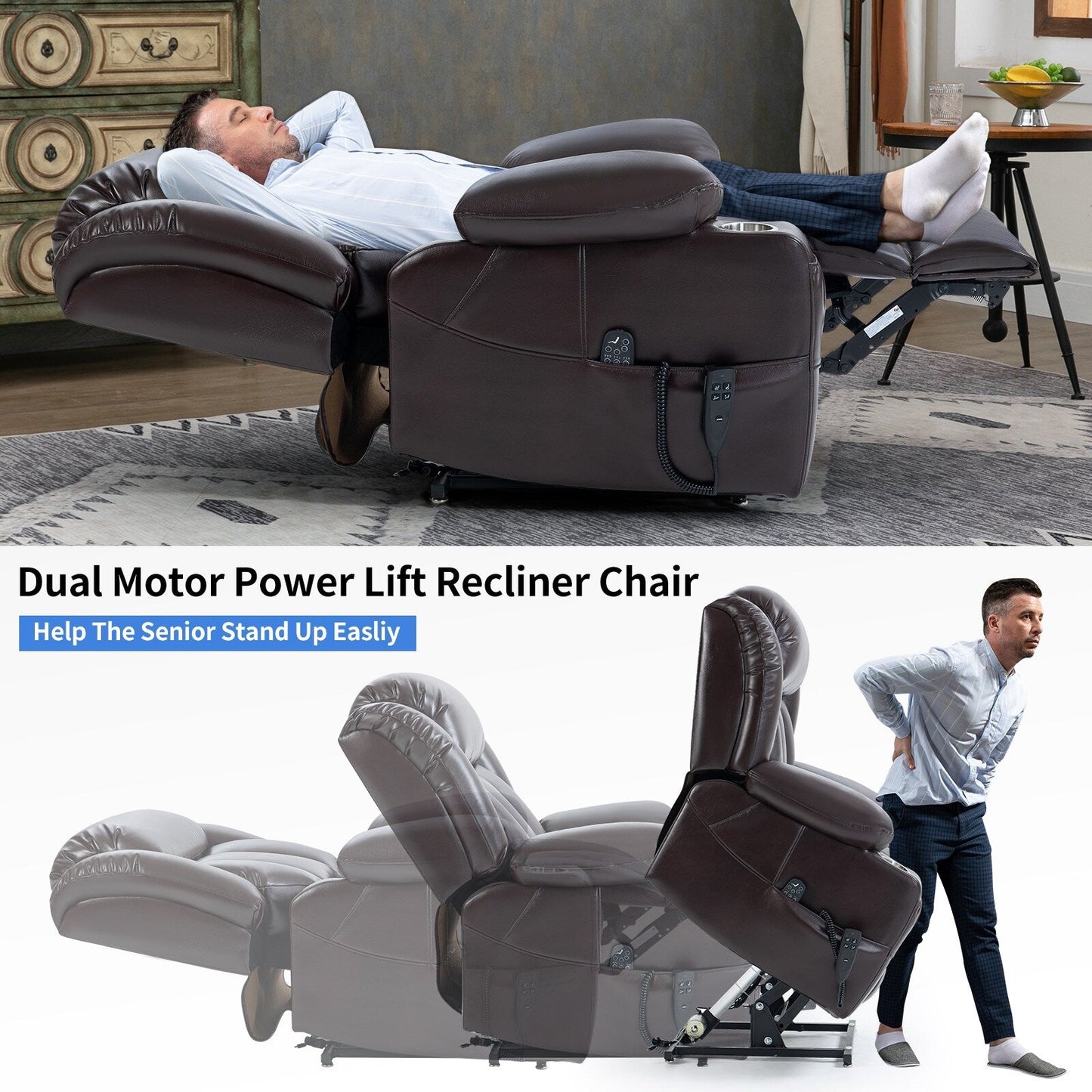 Faux Leather Power Lift Recliner Chair with Massage, Heat, Dual Motors, and Cup Holders