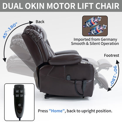 Faux Leather Power Lift Recliner Chair with Massage, Heat, Dual Motors, and Cup Holders