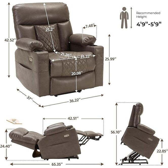 Faux Leather Power Lift Recliner with 8-Point Massage, Lumbar Heating, USB, Flat Lay